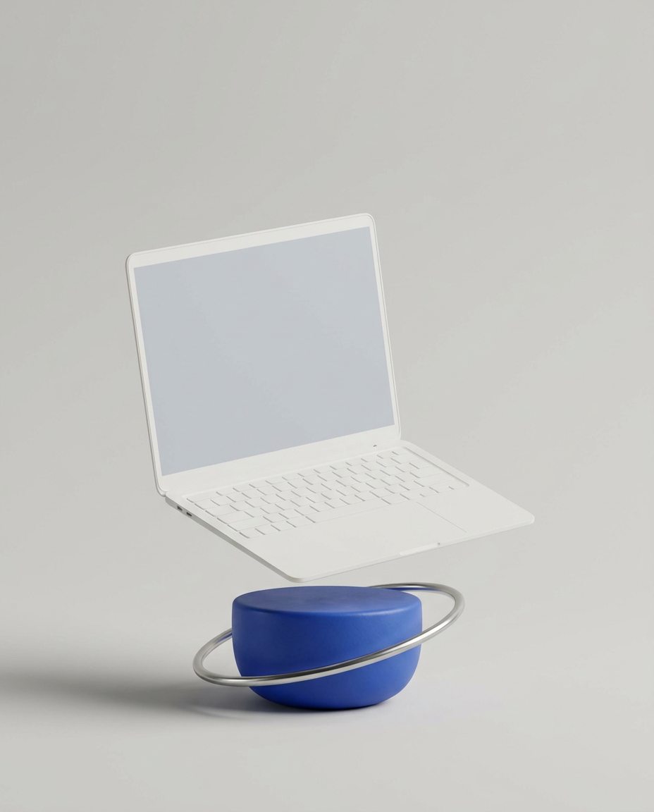 Studio render of a ceramic laptop floating above a blue pedestal
